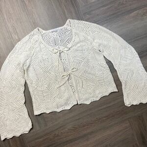 Celebrity Pink Cardigan Womens Large Cream Crochet Tie Front Bell‎ Sleeve Boho